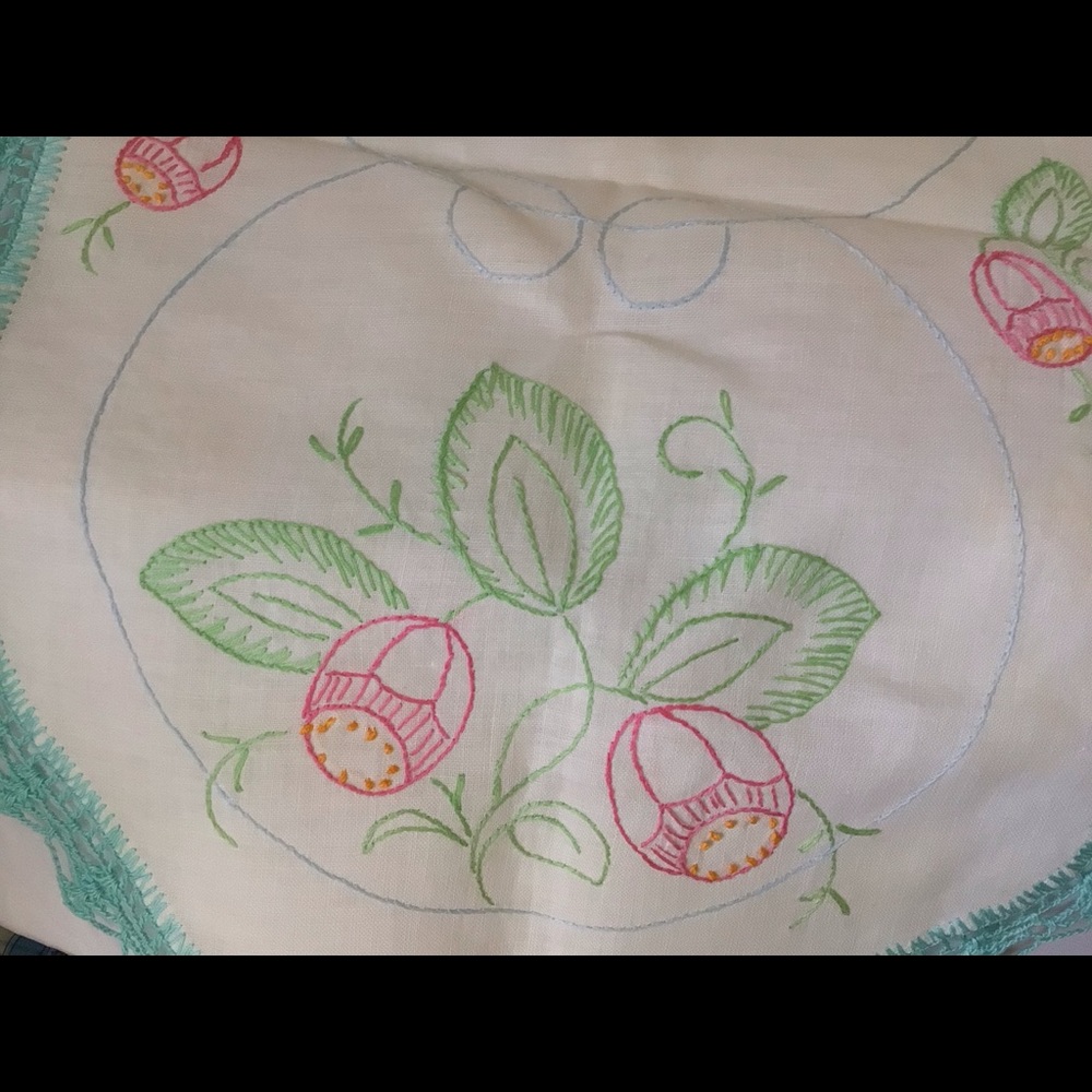 Vintage table runner/doily. Linen. See photo for spot/stain. Hand-embroidered.